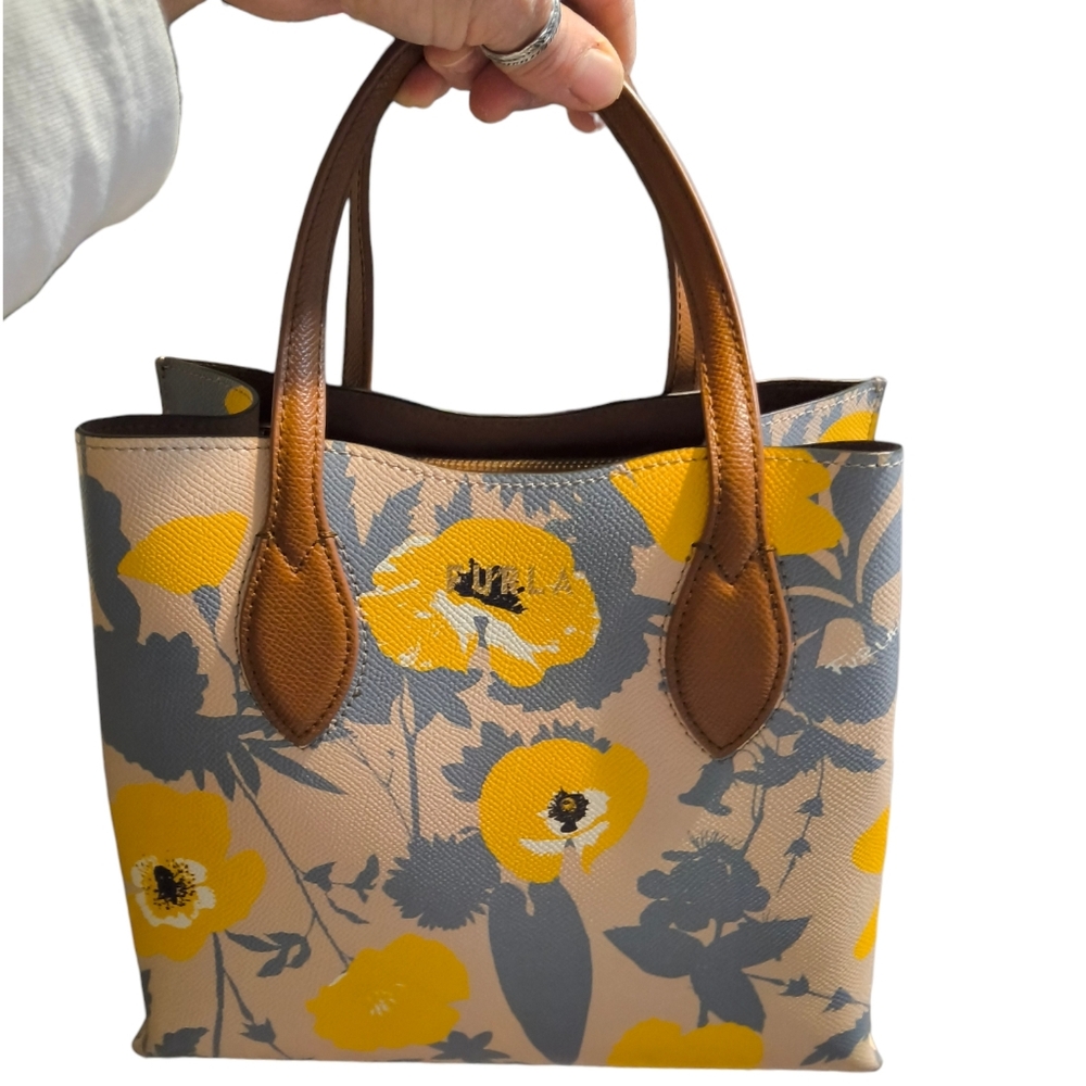 Furla Beige Tote with Yellow Floral Print and Brown Handles EUC - Picture 4 of 14